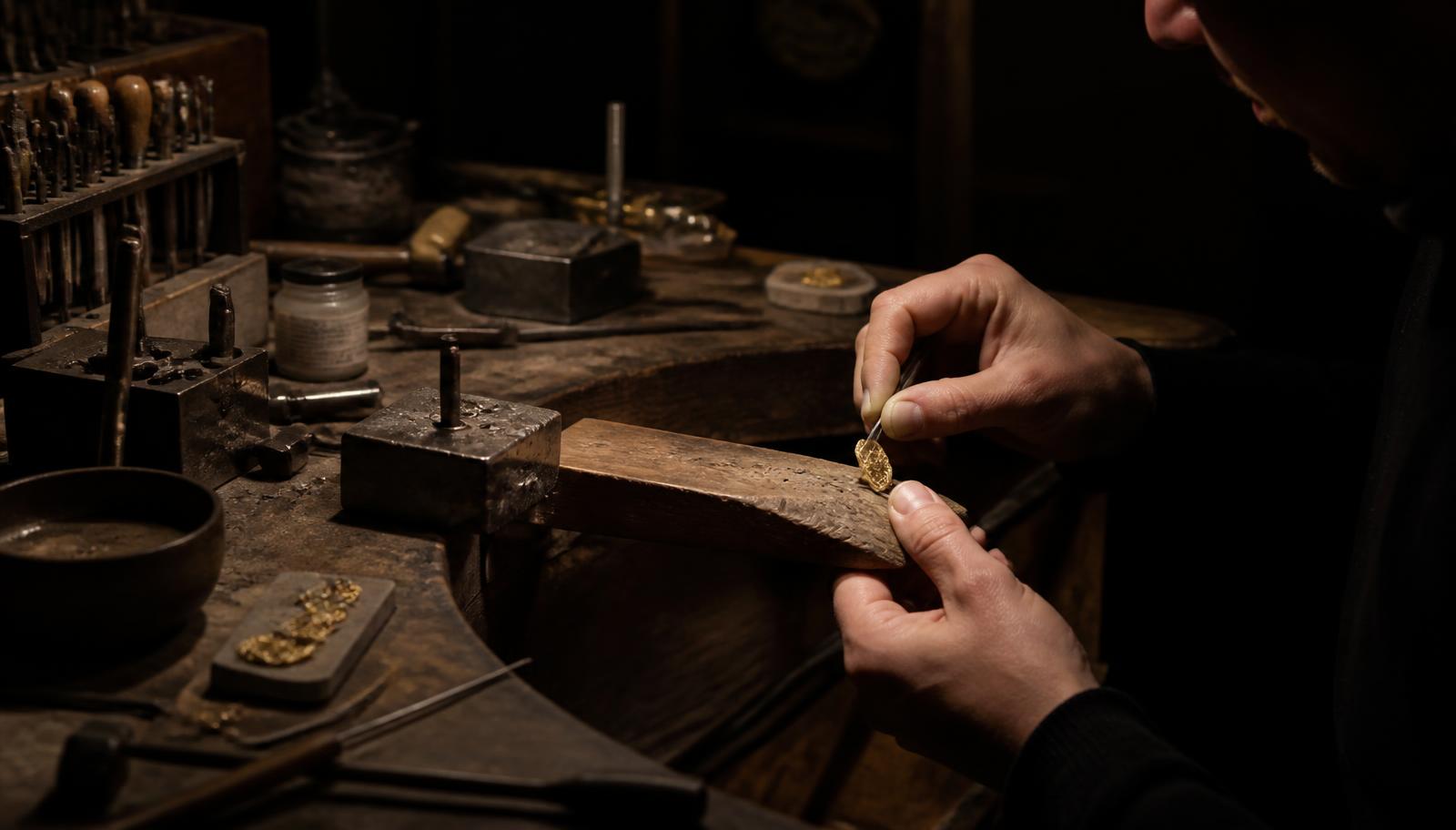 Ourives trabalhando ouro no ateliê da Kanaan Joias